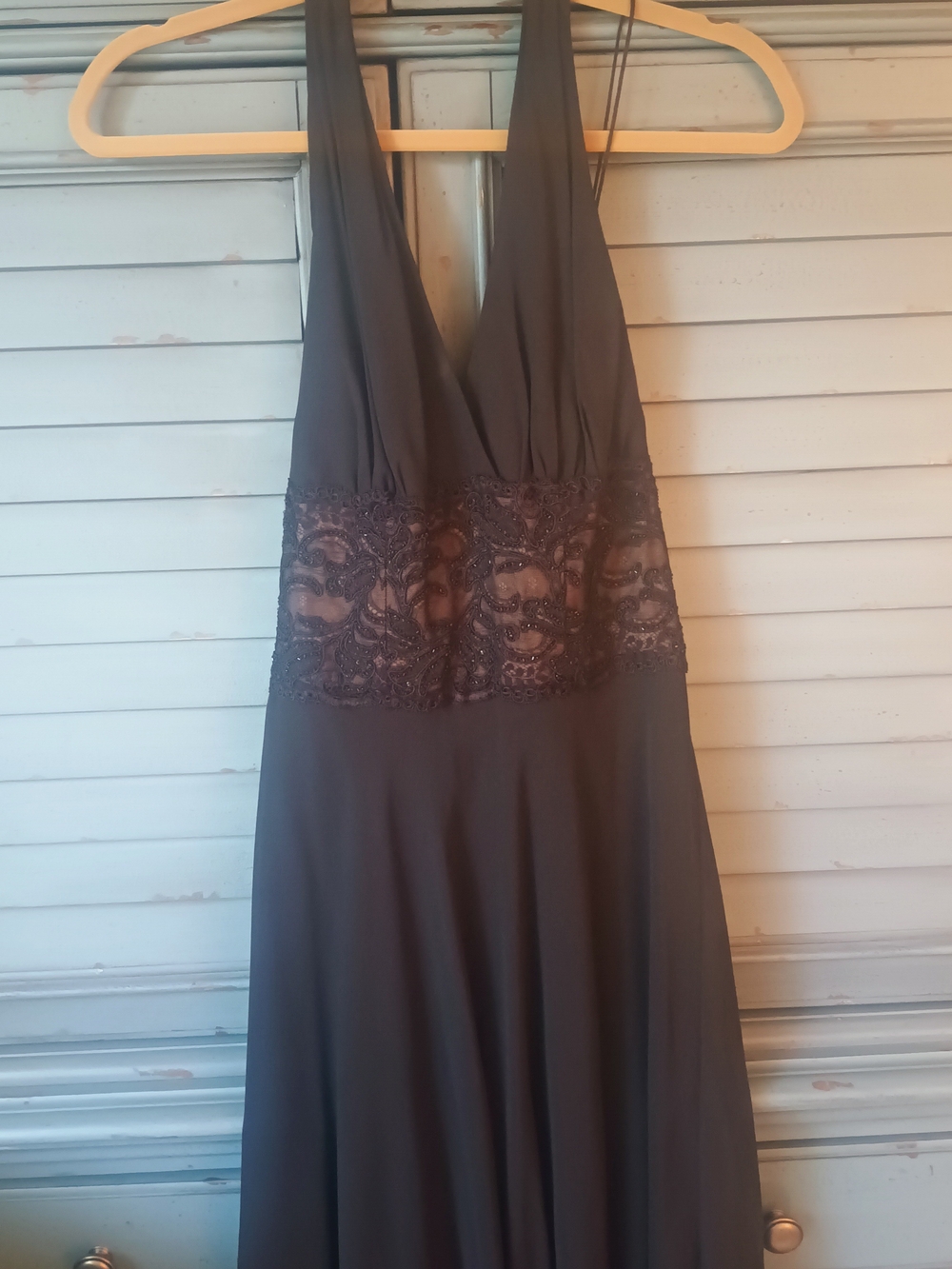 Carmen Marc Valvo Black Lace-Waist Halter Maxi Dress